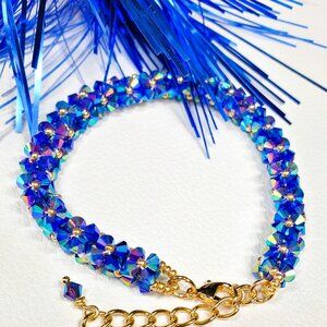 Handcrafted Blue AB Crystal Bicone Adjustable Bracelet - Sparkling Iridescent Be